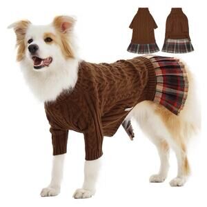 IECOii XL Dog Sweater Dress Cable Knit Plaid Skirt Turtleneck – Caramel